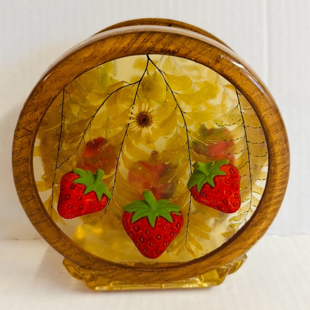 Vtg Lucite Gamut Design kitschy napkin holder with strawberry and flower motif.